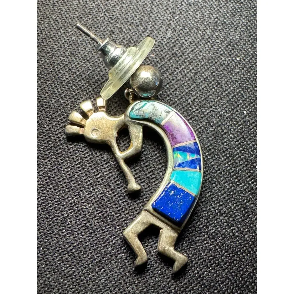 Sterling Navajo Kokopelli Earrings Signed by Artist Turquoise, Opal, Lapis